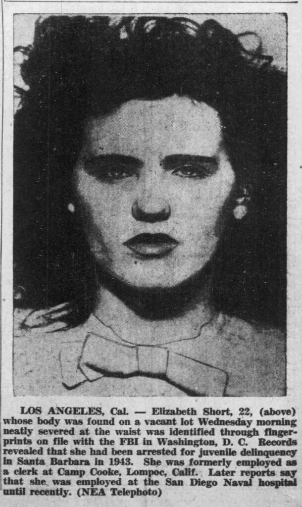 Black and white mugshot of Elizabeth Short, the Black Dahlia, with dark hair and intense expression. black dahlia murder