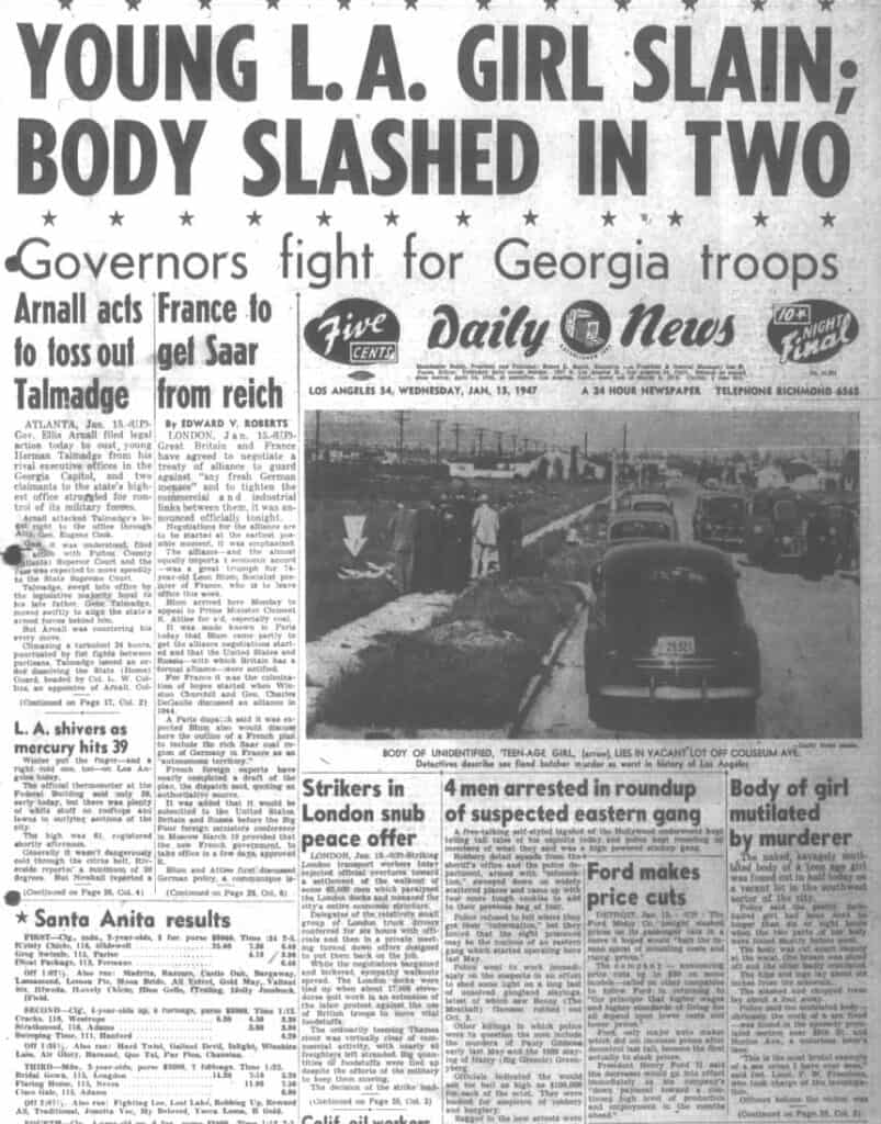 Historical newspaper headline about a young girl slain in Los Angeles.