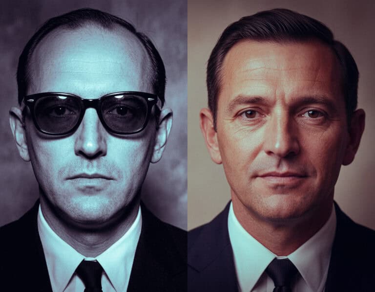 Two side-by-side facial reconstructions of a middle-aged man, one wearing dark sunglasses.
