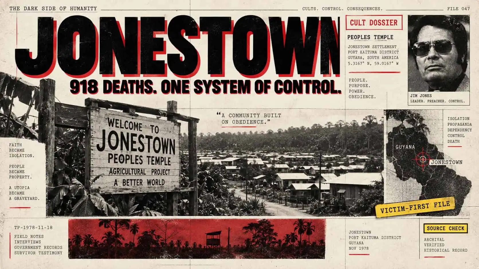 Historical Jonestown case-file image with Peoples Temple context