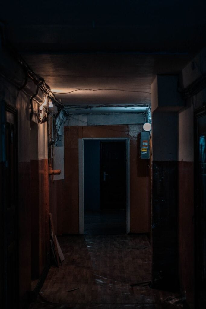 dark corridor entwined with doors to apartments
