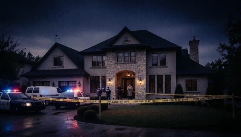 Police cars and yellow tape outside a large suburban house at night.