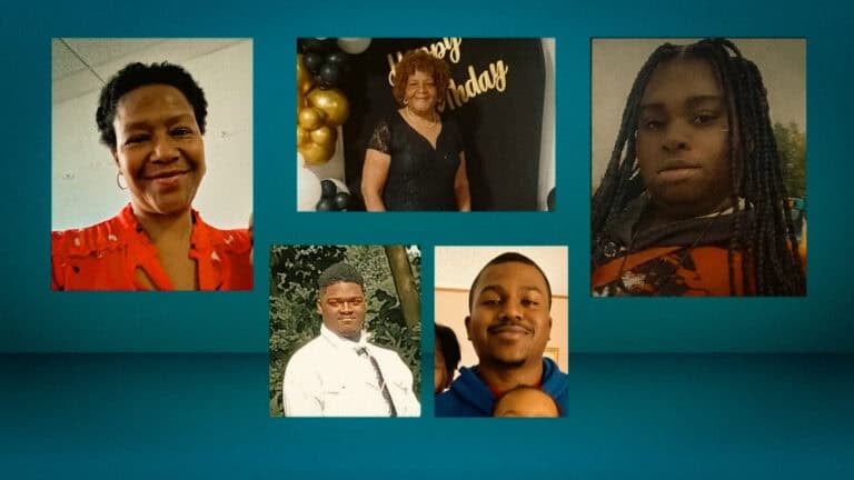 A television news graphic showing five personal photographs of family members on a teal background.