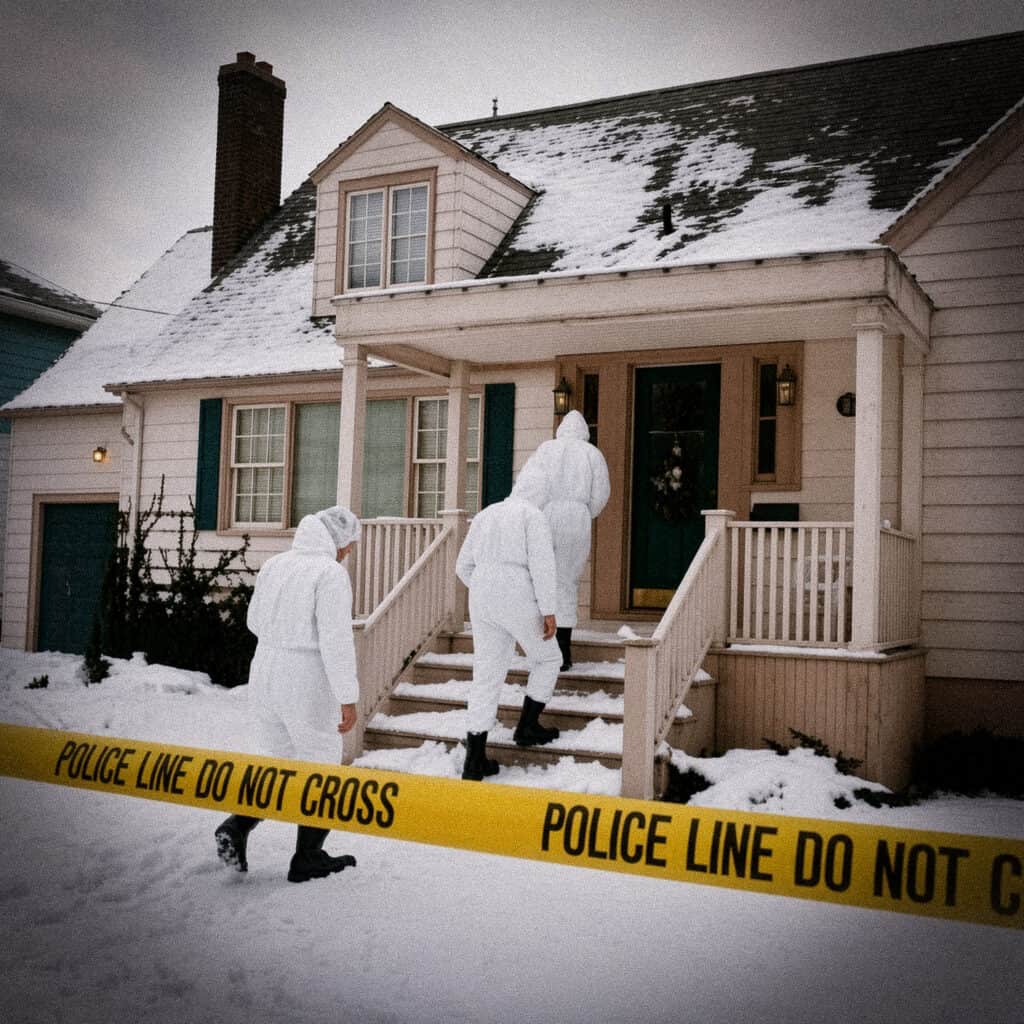 Detectives in white suits investigate house with police line tape in snow.
