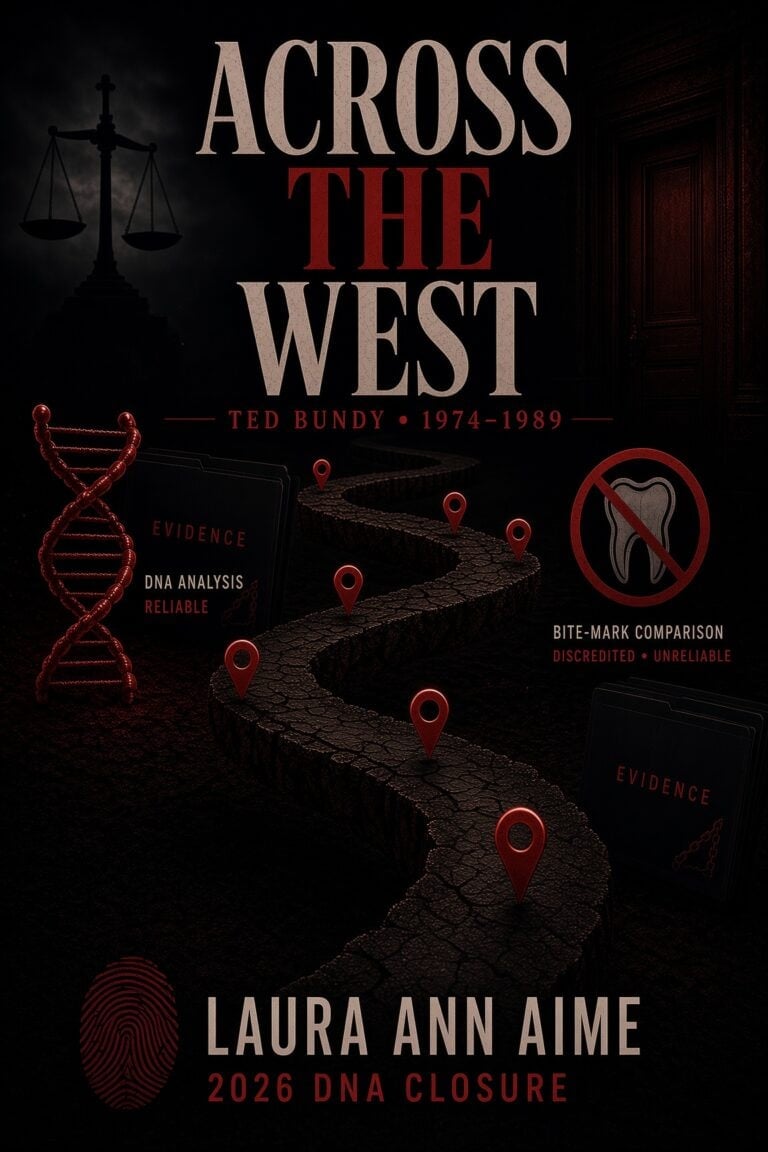 Cover graphic titled Across the West, Ted Bundy 1974-1989, with DNA strands, evidence books, a bite-mark comparison note and map pins, naming Laura Ann Aime and 2026 DNA closure.