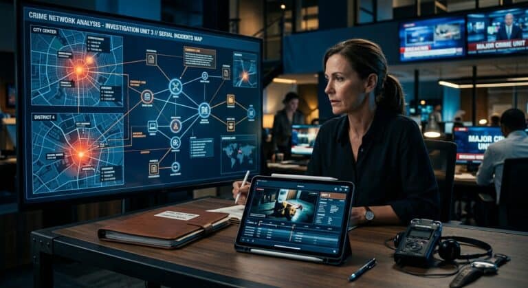 Analyst at a newsroom desk reviewing a crime network analysis map on large screens.
