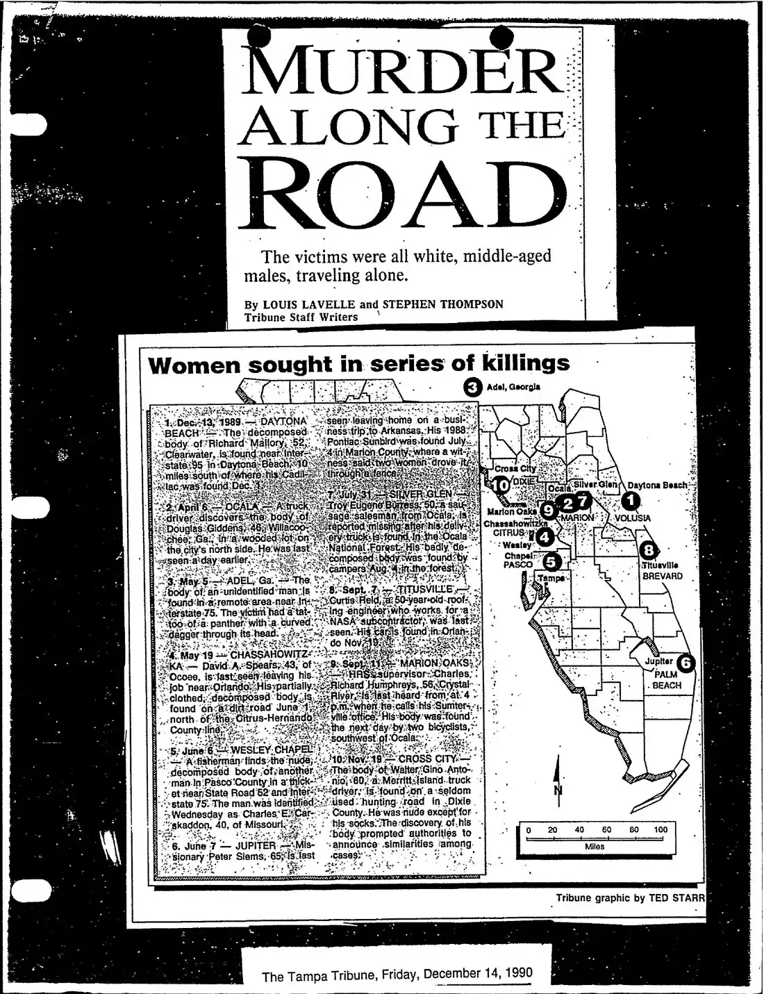 FBI-preserved Tampa Tribune page titled Murder Along the Road with Florida case map