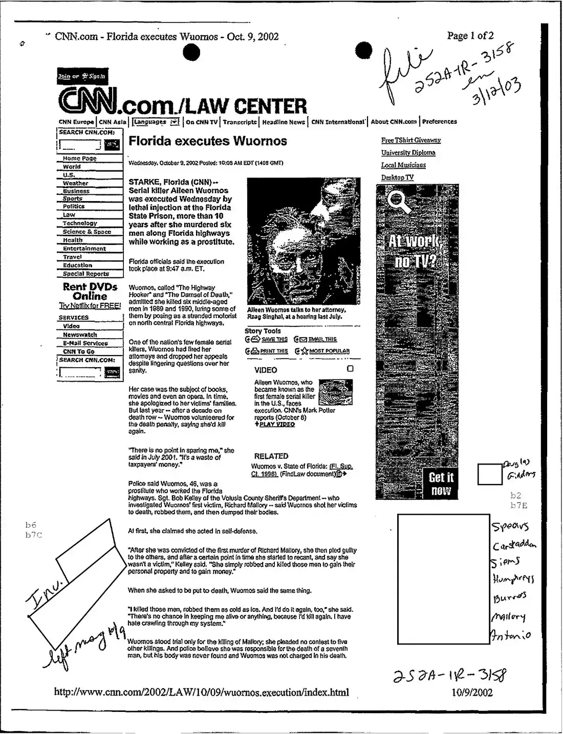 CNN execution report preserved in the FBI Aileen Wuornos file
