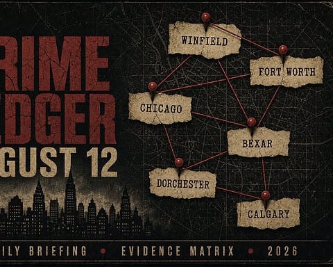 Crime Ledger August 12 dossier graphic with six case locations on a red-pin evidence board