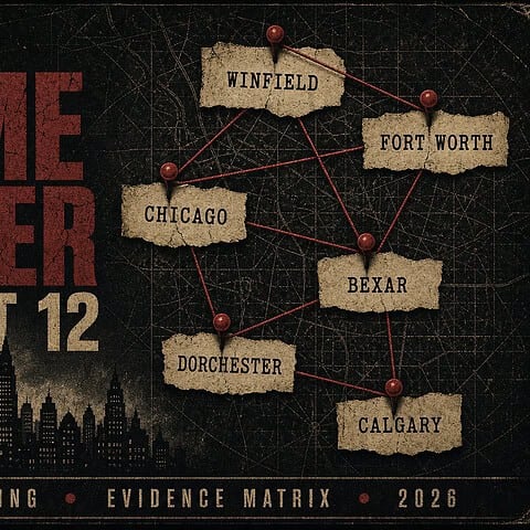 Crime Ledger August 12 dossier graphic with six case locations on a red-pin evidence board