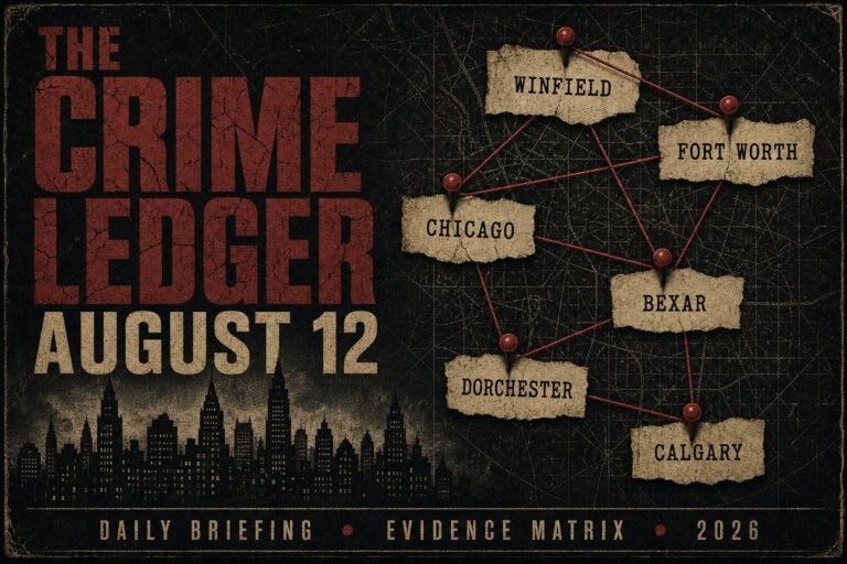 Crime Ledger August 12 dossier graphic with six case locations on a red-pin evidence board