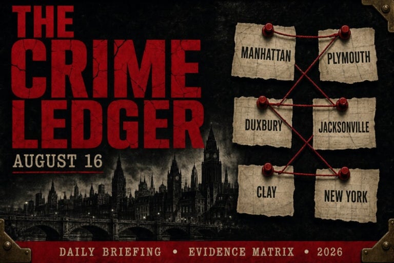 Crime Ledger August 16 dossier graphic, wine-red title and cream date, case locations on a red-pin evidence board