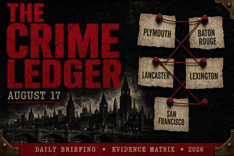 Crime Ledger August 17 dossier graphic, wine-red title and cream date, case locations on a red-pin evidence board