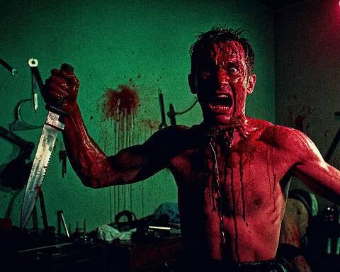 Terrified man covered in blood in a dark, eerie room with medical tools.