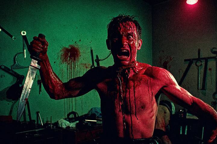 Terrified man covered in blood in a dark, eerie room with medical tools.