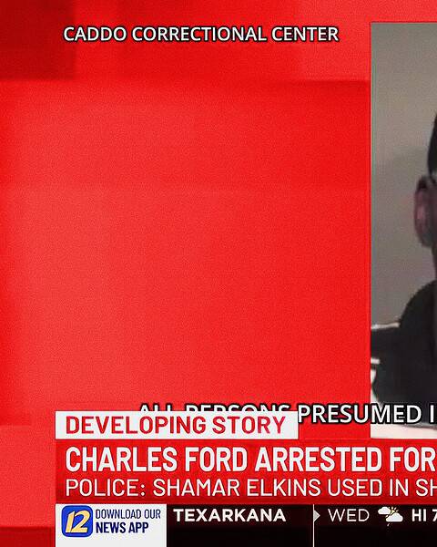 A television news broadcast showing a booking photo of a man beside a headline about an arrest.
