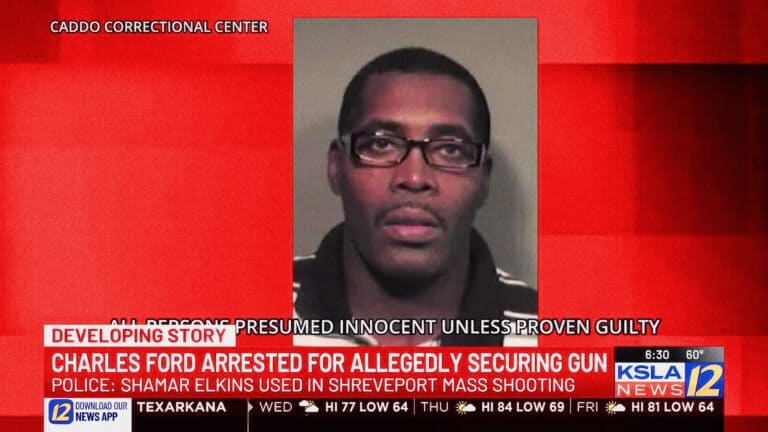 A television news broadcast showing a booking photo of a man beside a headline about an arrest.
