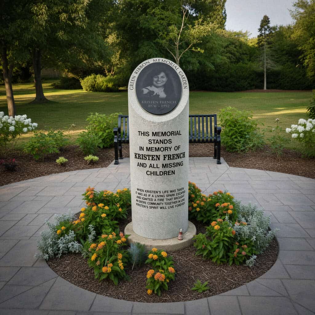 Memorial monument for Kristen French in a peaceful park setting.