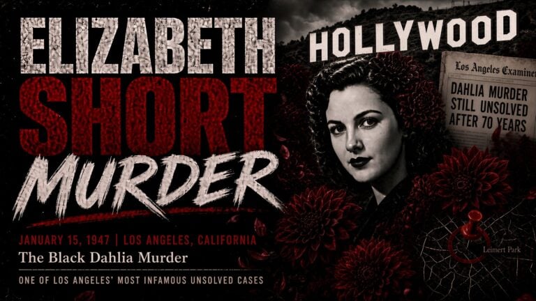 Case graphic with a portrait of Elizabeth Short, dahlia flowers, a Hollywood sign and a newspaper clipping headline.