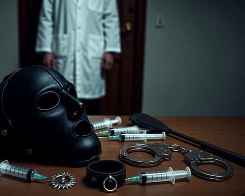 Dark room with BDSM gear, including a black mask, syringes, handcuffs, and a whip, suggesting a medical fetish theme.