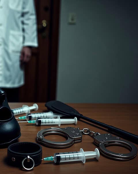 Dark room with BDSM gear, including a black mask, syringes, handcuffs, and a whip, suggesting a medical fetish theme.