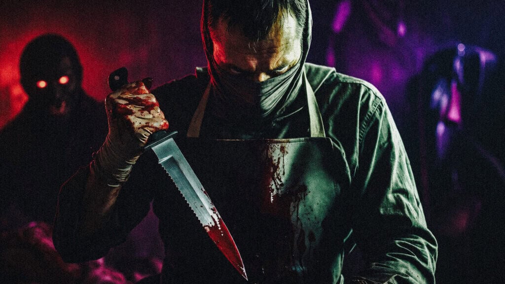 Man with blood-stained knife in a dark, ominous setting with shadowy figures. Criminal Dismemberment