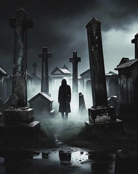 Illustration of a figure standing among weathered headstones and crosses in a fog-covered graveyard at night