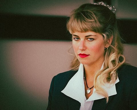 Portrait of a woman with a serious expression, representing the dark side of human nature.