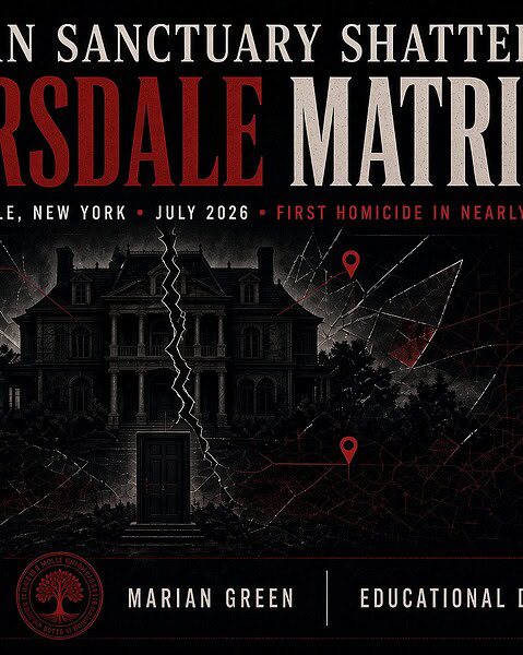 Case poster reading The Scarsdale Matricide, Fox Meadow, Scarsdale, New York, July 2026, over a darkened image of a large suburban house.