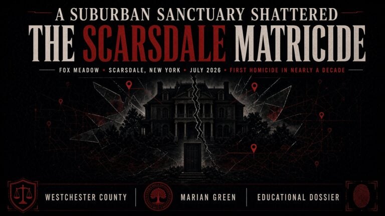 Case poster reading The Scarsdale Matricide, Fox Meadow, Scarsdale, New York, July 2026, over a darkened image of a large suburban house.