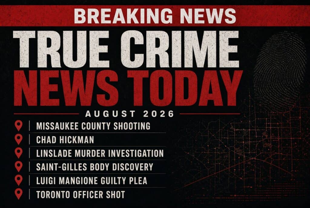 Dark themed image with crime headlines and investigation topics.