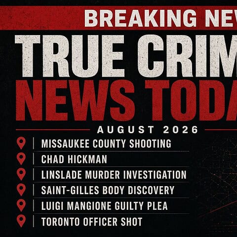 Dark themed image with crime headlines and investigation topics.