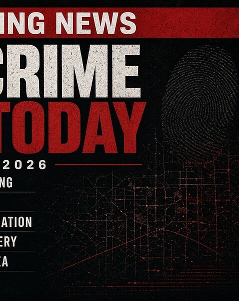 Dark themed image with crime headlines and investigation topics.