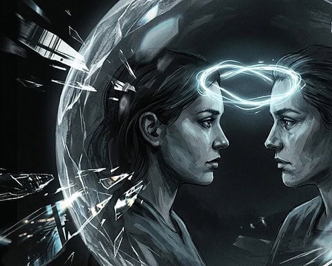 Two women face each other inside a shattering glass sphere, connected by a glowing ring of light at their foreheads
