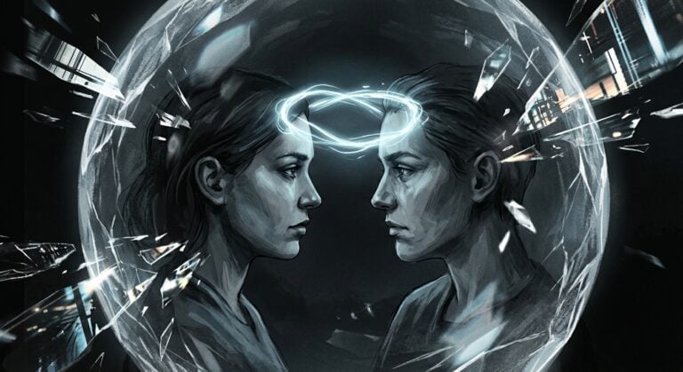 Two women face each other inside a shattering glass sphere, connected by a glowing ring of light at their foreheads