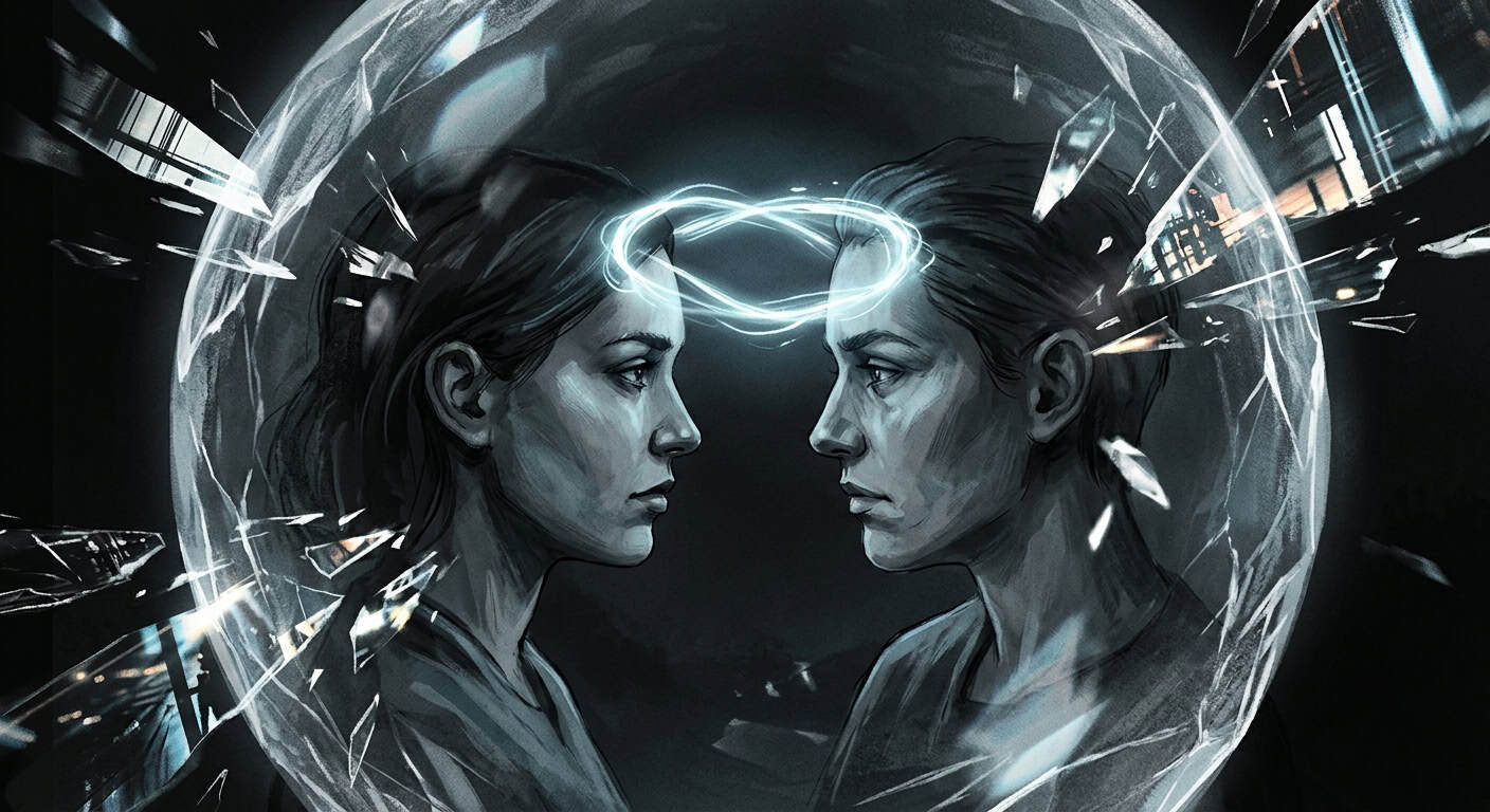 Two women face each other inside a shattering glass sphere, connected by a glowing ring of light at their foreheads