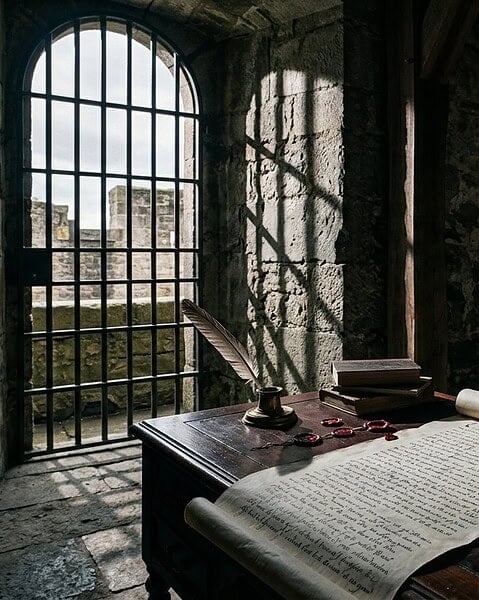 A dramatic, editorial chiaroscuro portrait setting of an 18th-century French aristocratic study slowly transitioning into a shadowed fortress prison cell. Sunlight streams through a tall, iron-barred arched window, casting long, stark shadows across cold stone walls and polished wood. In the foreground, a dark mahogany desk holds an unraveling parchment scroll covered in dense black ink handwriting, alongside an antique quill, a brass inkwell, melted crimson wax seals, and a heavy ring of iron keys. A luxurious dark velvet coat drapes over a chair in the dim background, symbolizing decaying power and long confinement. Rich, cinematic lighting, deep moody tones, highly detailed textures of aged paper, worn velvet, and stone.