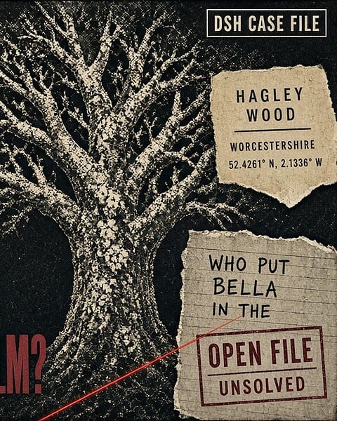 Mysterious tree with case file labels and coordinates from Worcestershire, UK.