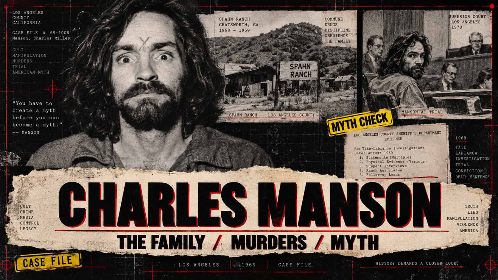 Archival case-file collage used by The Dark Side of Humanity for its Charles Manson dossier