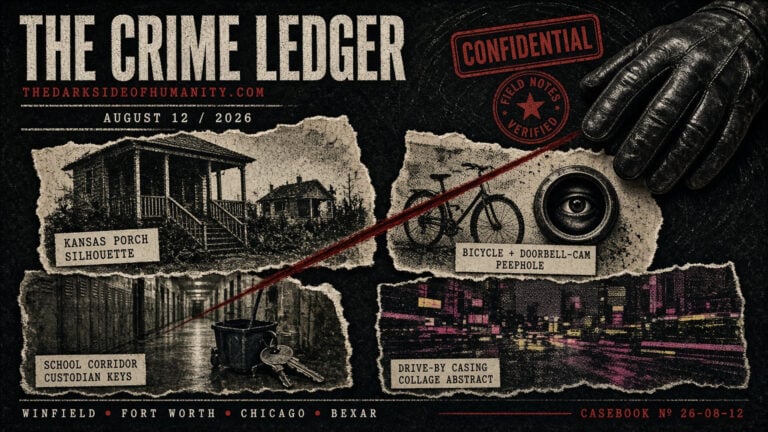 Investigative image showing surveillance, crime scenes, and urban decay.