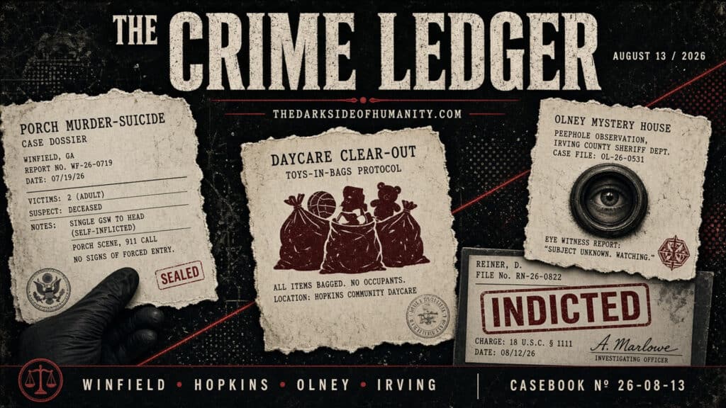 Dark crime ledger with case files and evidence photos from the dark side of humanity.