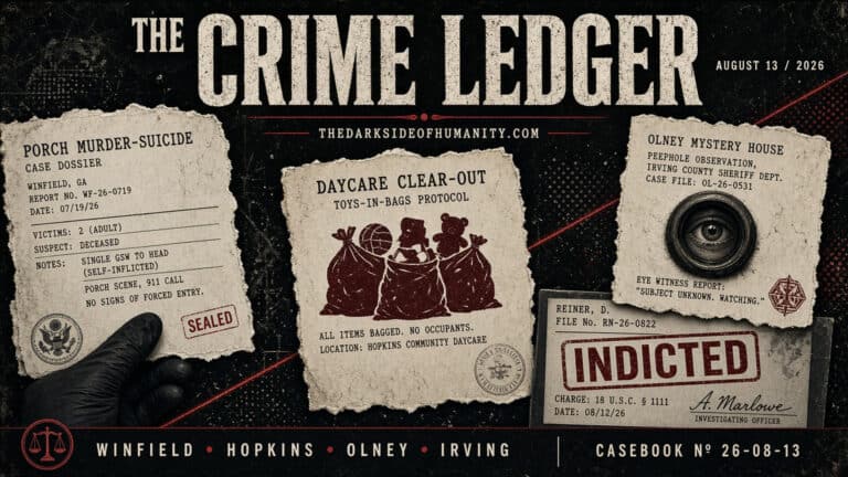 Dark crime ledger with case files and evidence photos from the dark side of humanity.