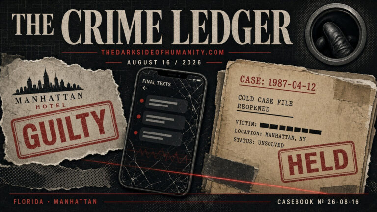 Crime Ledger cover with case details and guilty verdict image.