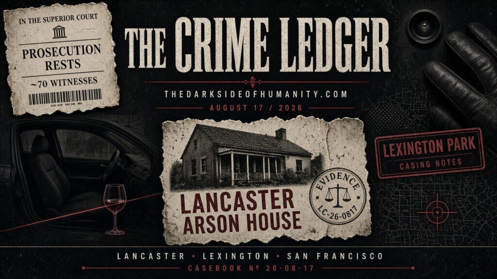Crime Ledger cover featuring Lancaster Arson House and Lexington Park case notes.