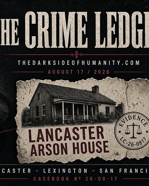 Crime Ledger cover featuring Lancaster Arson House and Lexington Park case notes.