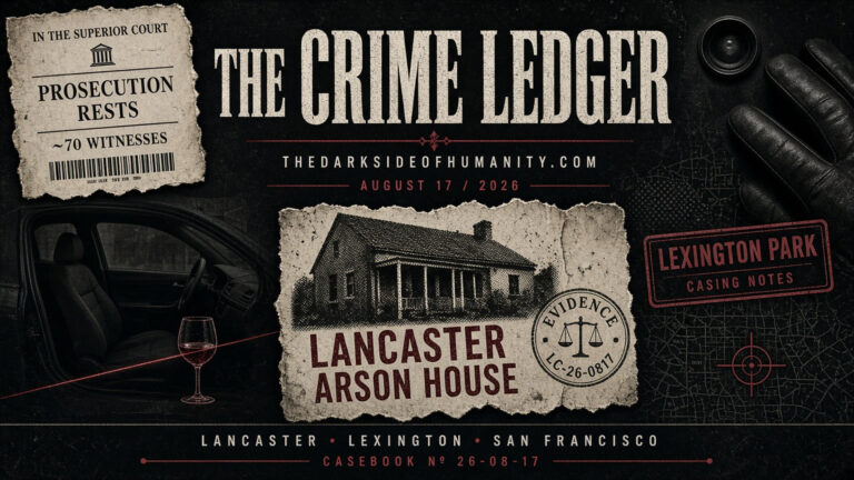 Crime Ledger cover featuring Lancaster Arson House and Lexington Park case notes.