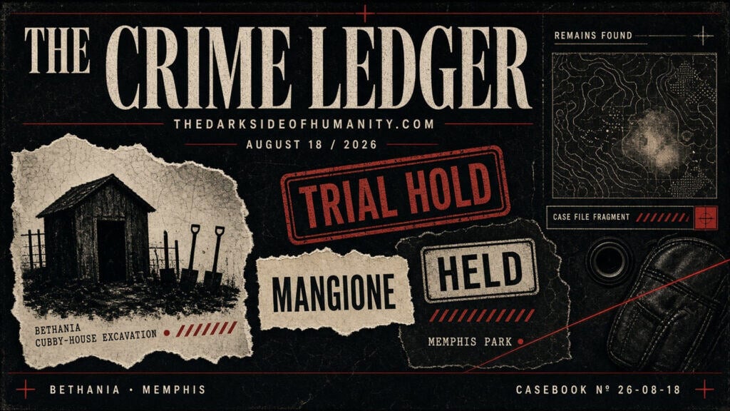 Crime Ledger cover with trial hold and case details from Memphis, August 18, 2026.