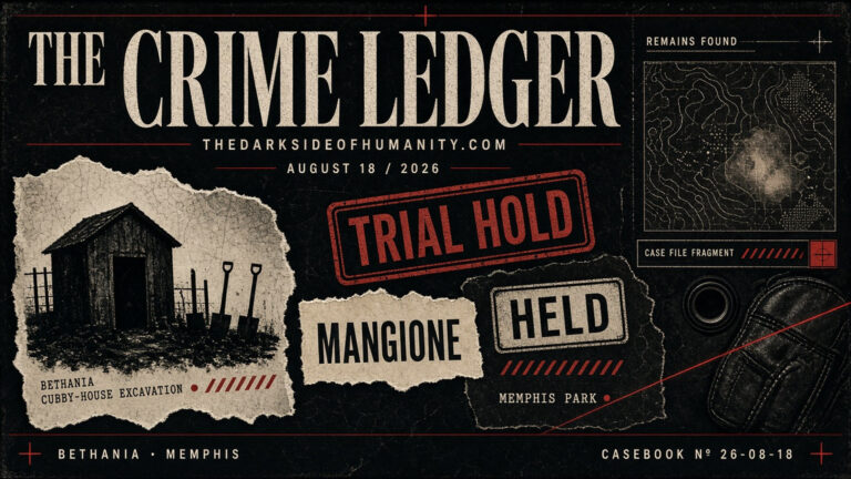 Crime Ledger cover with trial hold and case details from Memphis, August 18, 2026.