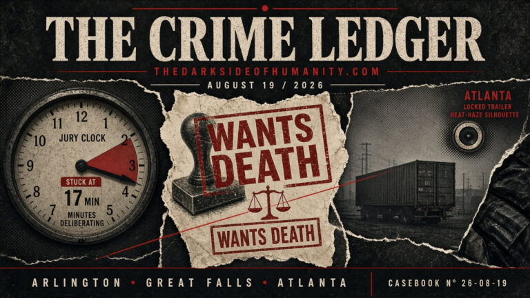 Cover image for The Crime Ledger featuring a jury clock, wanted signs, and a train.