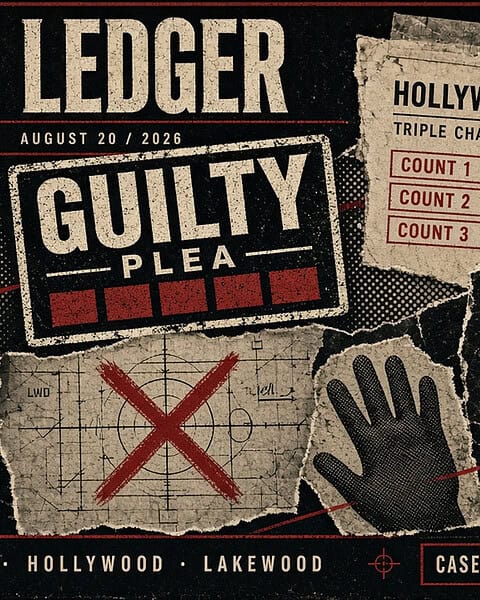 Crime scene evidence board with guilty plea and Hollywood ticket.